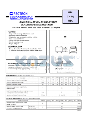 MD1 datasheet - SINGLE-PHASE GLASS PASSIVATED SILICON MINI BRIDGE RECTIFIER VOLTAGE RANGE 50 to 1000 Volts CURRENT 0.5 Ampere