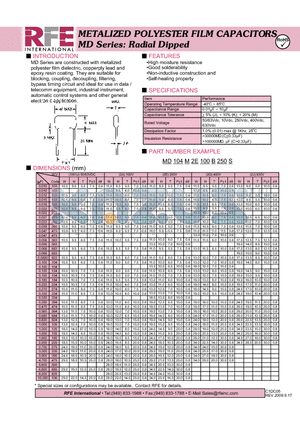 MD104M2E100B250S datasheet - METALIZED POLYESTER FILM CAPACITORS MD Series: Radial Dipped