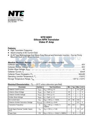 NTE16001 datasheet - Silicon NPN Transistor Video IF Amp