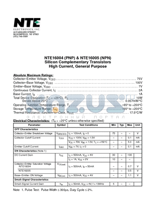 NTE16005 datasheet - Silicon Complementary Transistors High Current, General Purpose