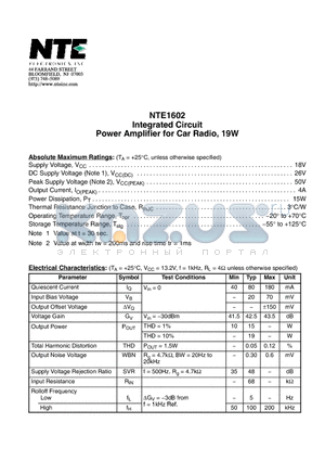 NTE1602 datasheet - Integrated Circuit Power Amplifier for Car Radio, 19W