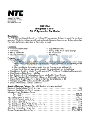 NTE1604 datasheet - Integrated Circuit FM IF System for Car Radio