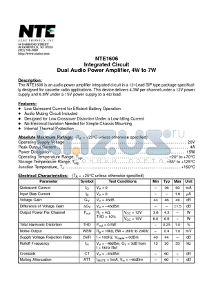 NTE1606 datasheet - Integrated Circuit Dual Audio Power Amplifier, 4W to 7W