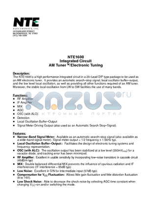 NTE1608 datasheet - Integrated Circuit AM Tuner w/Electronic Tuning