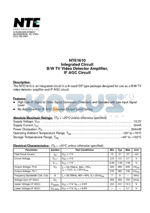 NTE1610 datasheet - Integrated Circuit B/W TV Video Detector Amplifier, IF AGC Circuit