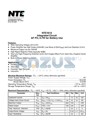 NTE1612 datasheet - Integrated Circuit AF PO, 0.7W for Battery Use