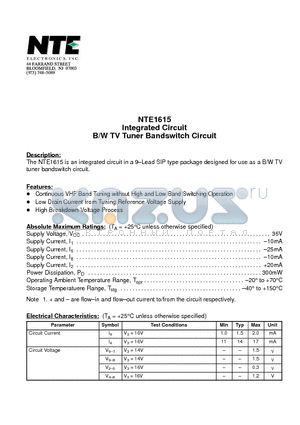 NTE1615 datasheet - Integrated Circuit B/W TV Tuner Bandswitch Circuit