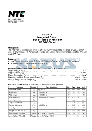 NTE1620 datasheet - Integrated Circuit B/W TV Video IF Amplifier, RF AGC Circuit