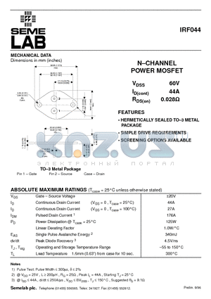 IRF044 datasheet - N-CHANNEL POWER MOSFET