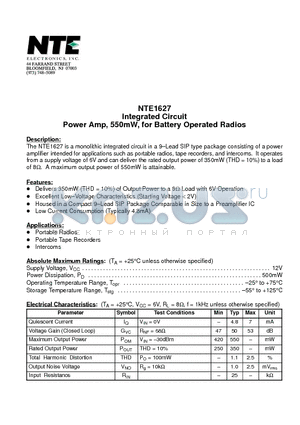 NTE1627 datasheet - Integrated Circuit Power Amp, 550mW, for Battery Operated Radios