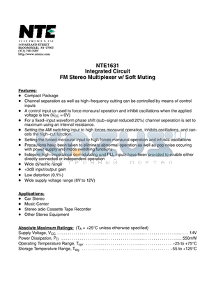 NTE1631 datasheet - Integrated Circuit FM Stereo Multiplexer w/ Soft Muting