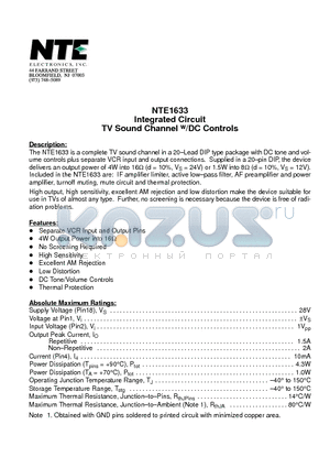 NTE1633 datasheet - Integrated Circuit TV Sound Channel w/DC Controls