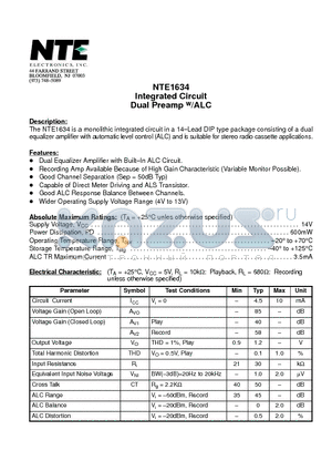 NTE1634 datasheet - Integrated Circuit Dual Preamp w/ALC