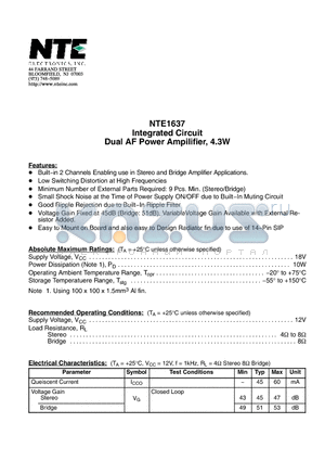 NTE1637 datasheet - Integrated Circuit Dual AF Power Ampilifier, 4.3W