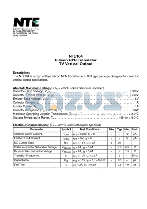 NTE164 datasheet - Silicon NPN Transistor TV Vertical Output