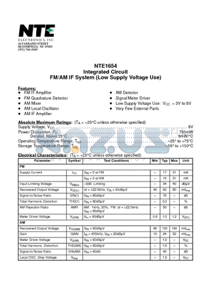 NTE1654 datasheet - Integrated Circuit FM/AM IF System (Low Supply Voltage Use)