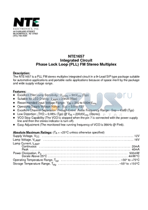 NTE1657 datasheet - Integrated Circuit Phase Lock Loop (PLL) FM Stereo Multiplex