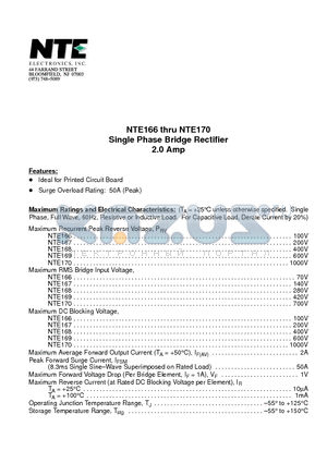 NTE166 datasheet - Single Phase Bridge Rectifier 2.0 Amp