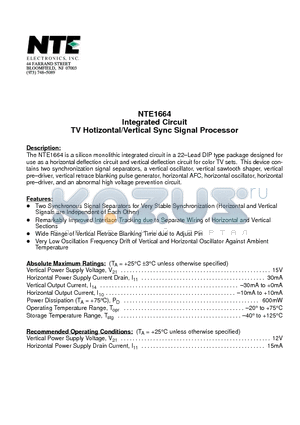 NTE1664 datasheet - Integrated Circuit TV Hotizontal/Vertical Sync Signal Processor