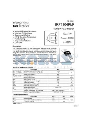 IRF1104PBF datasheet - HEXFET POWER MOSFET ( VDSS = 40V , RDS(on) = 0.009Y , ID = 100A )