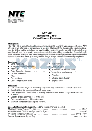 NTE1673 datasheet - Integrated Circuit Video Chroma Processor