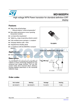 MD1803DFH datasheet - High voltage NPN Power transistor for standard definition CRT display