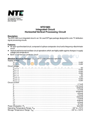 NTE1683 datasheet - Integrated Circuit Horizontal/Vertical Processing Circuit