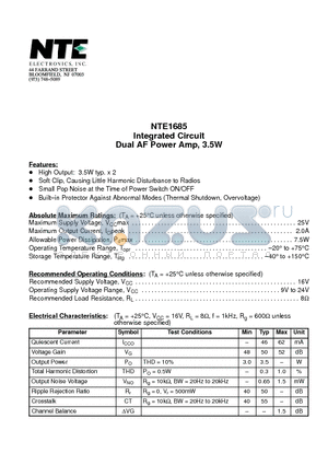 NTE1685 datasheet - Integrated Circuit Dual AF Power Amp, 3.5W