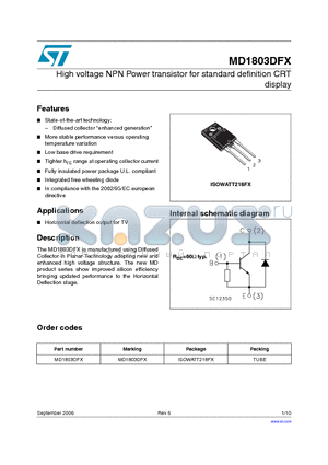 MD1803DFX datasheet - High voltage NPN Power transistor for standard Definition CRT display