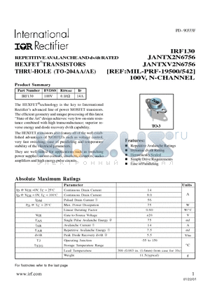 IRF130 datasheet - TRANSISTORS N-CHANNEL(Vdss=100V, Rds(on)=0.18ohm, Id=14A)