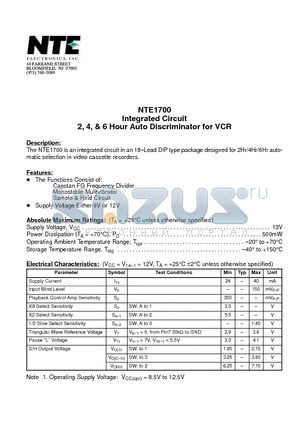 NTE1700 datasheet - Integrated Circuit 2, 4, & 6 Hour Auto Discriminator for VCR