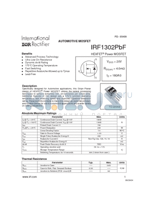 IRF1302PBF datasheet - AUTOMOTIVE MOSFET ( VDSS = 20V , RDS(on) = 4.0mY , ID = 180A )