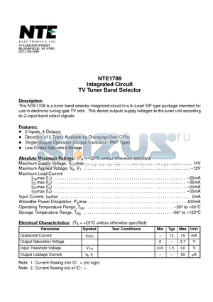 NTE1708 datasheet - Integrated Circuit TV Tuner Band Selector
