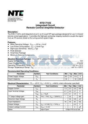 NTE1714S datasheet - Integrated Circuit Remote Control Amplifier/Detector