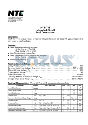 NTE1718 datasheet - Integrated Circuit Dual Comparator