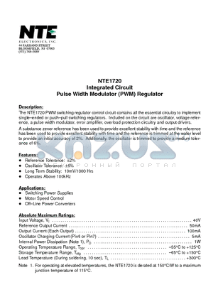 NTE1720 datasheet - Integrated Circuit Pulse Width Modulator (PWM) Regulator