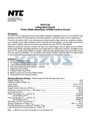 NTE1722 datasheet - Integrated Circuit Pulse Width Modulator (PWM) Control Circuit