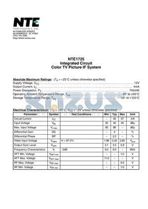 NTE1725 datasheet - Integrated Circuit Color TV Picture IF System