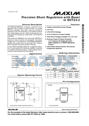 MAX6330_UR-T datasheet - Precision Shunt Regulators with Reset in SOT23-3