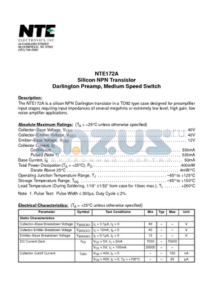 NTE172A datasheet - Silicon NPN Transistor Darlington Preamp, Medium Speed Switch