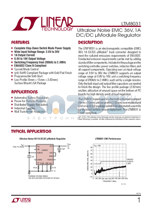 LTM8031IVPBF datasheet - Ultralow Noise EMC 36V, 1A DC/DC lModule Regulator