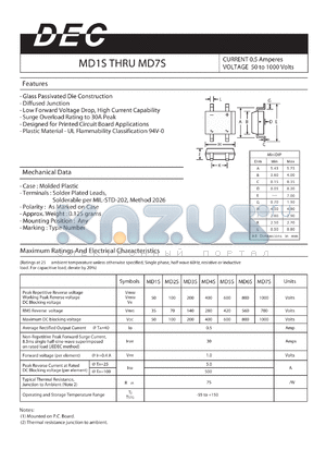 MD1S datasheet - CURRENT 0.5 Amperes VOLTAGE 50 to 1000 Volts