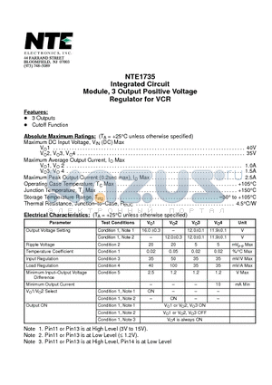 NTE1735 datasheet - Integrated Circuit Module, 3 Output Positive Voltage Regulator for VCR