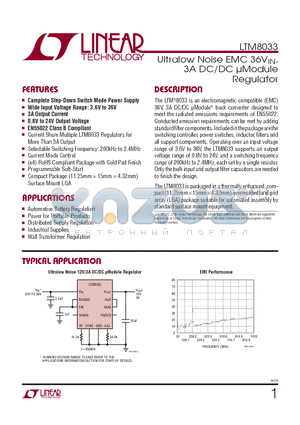 LTM8033 datasheet - Ultralow Noise EMC 36VIN, 3A DC/DC lModule Regulator