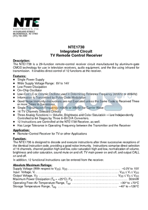 NTE1738 datasheet - Integrated Circuit TV Remote Control Receiver