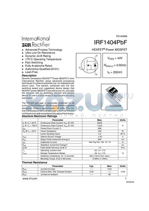 IRF1404PBF datasheet - HEXFET^ Power MOSFET