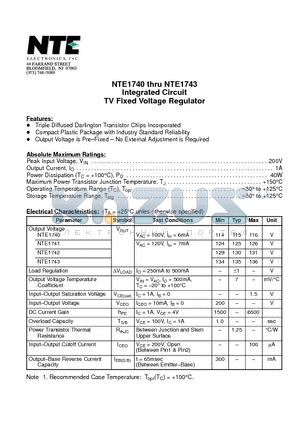 NTE1740 datasheet - Integrated Circuit TV Fixed Voltage Regulator