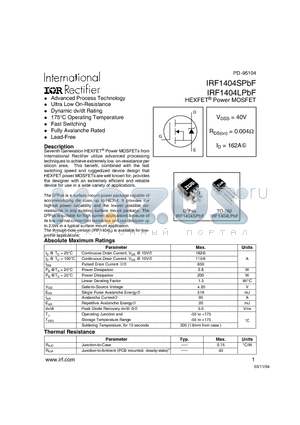 IRF1404SPBF datasheet - HEXFET^ Power MOSFET