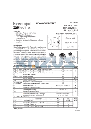 IRF1404ZLPBF datasheet - AUTOMOTIVE MOSFET