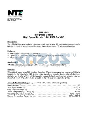 NTE1745 datasheet - Integrated Circuit High Speed Divider 1/20, 1/100 for VCR